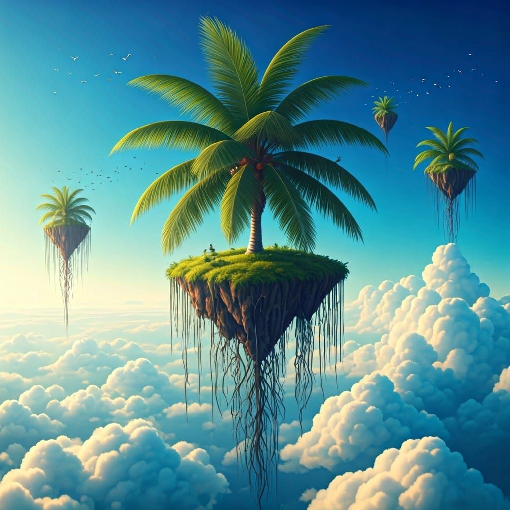 Floating Palm Islands in Ethereal Blue Sky