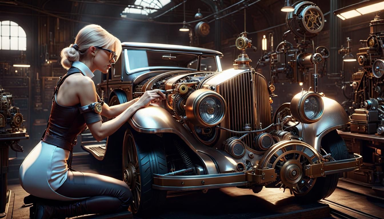 Steampunk Mechanic Repairs Car in Futuristic Garage
