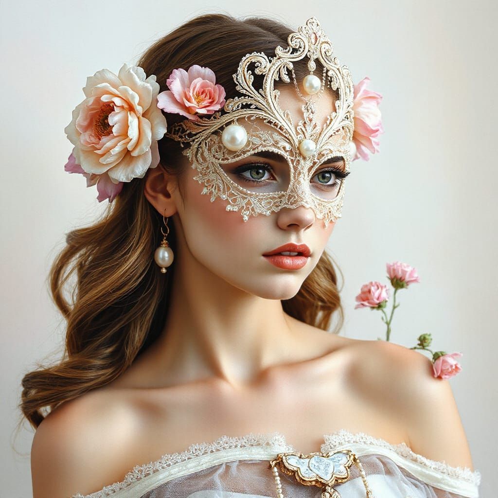 Ethereal Flower Goddess in Lace Mask Oil Painting