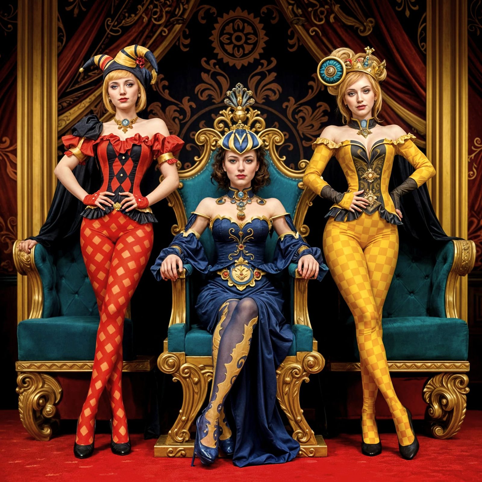 Medieval Jesters in a Throne Room, Each in Distinct Style