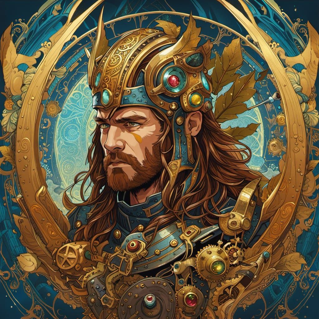 Steampunk Thor with Golden Outlines in Digital Painting