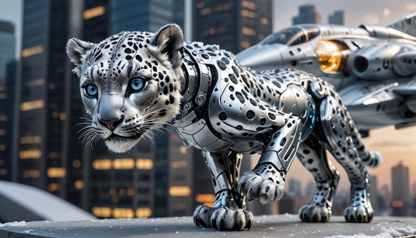 Robotic Snow Leopard Cub in Futuristic Cityscape
