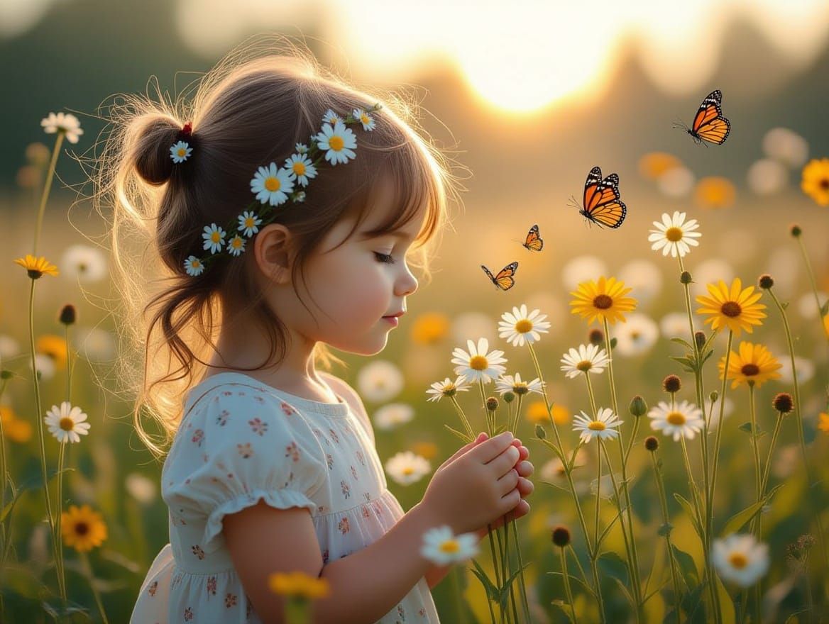 Surreal Whimsy in Morning Light: A Toddler Among Wildflowers...