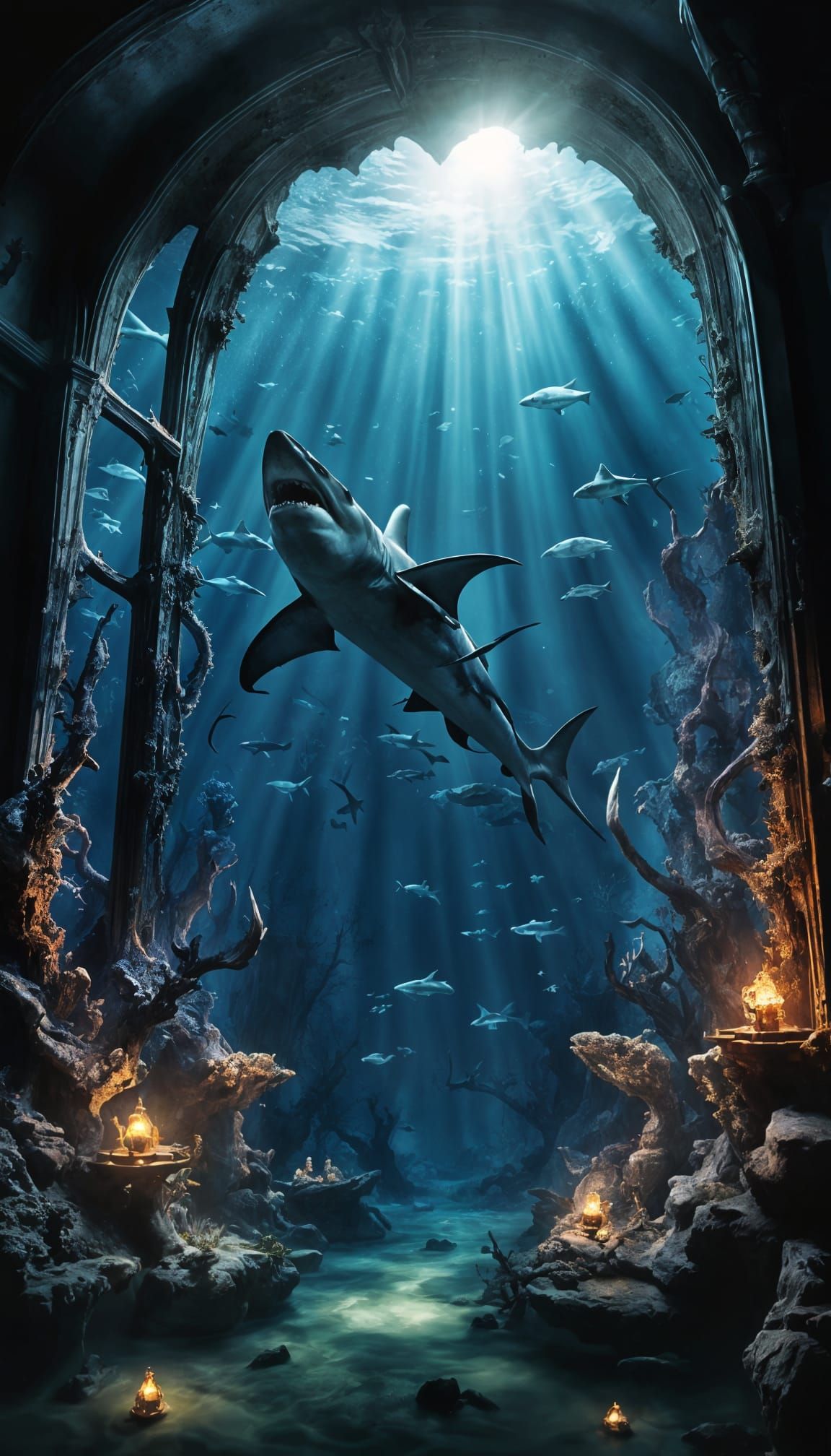 Hammerhead Shark in Abyss Through Victorian Window