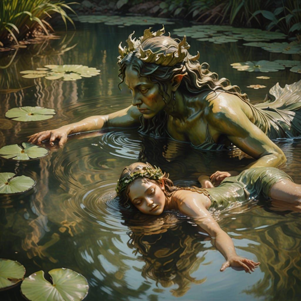 Water Nymph and Satyr in Pond: Academic Art