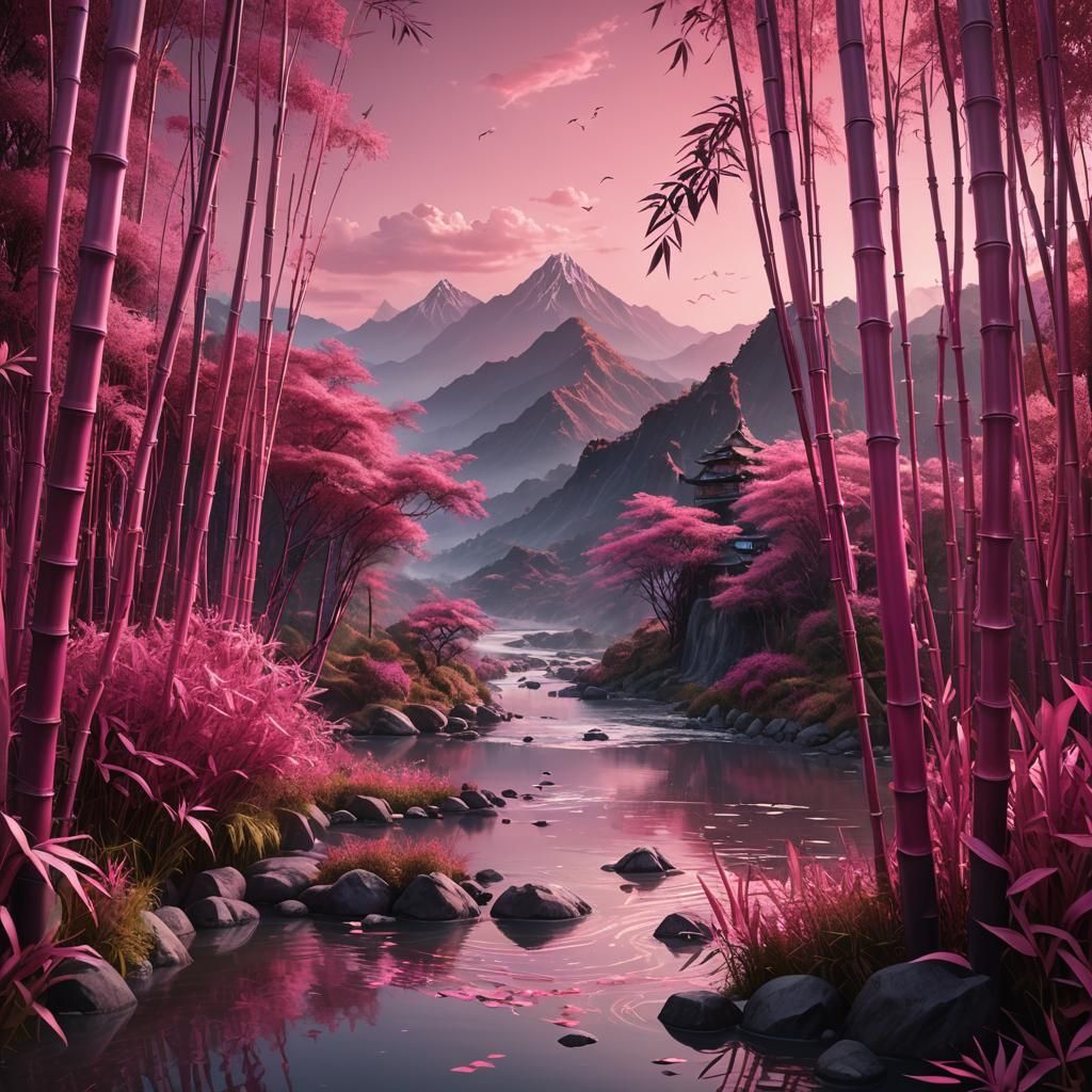 Pink Bamboo River in Dreamy Fantasy Landscape