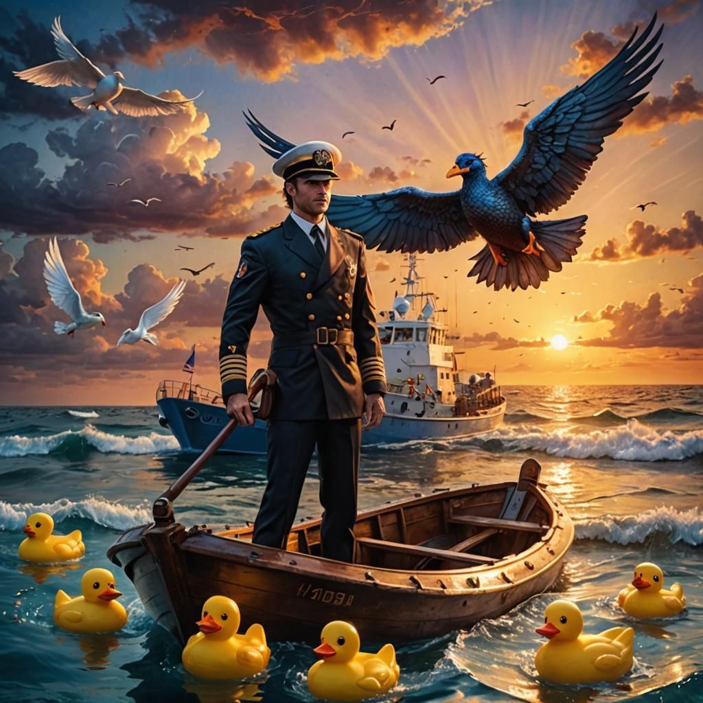 Captain in Rubber Ducky Boat at Sunset