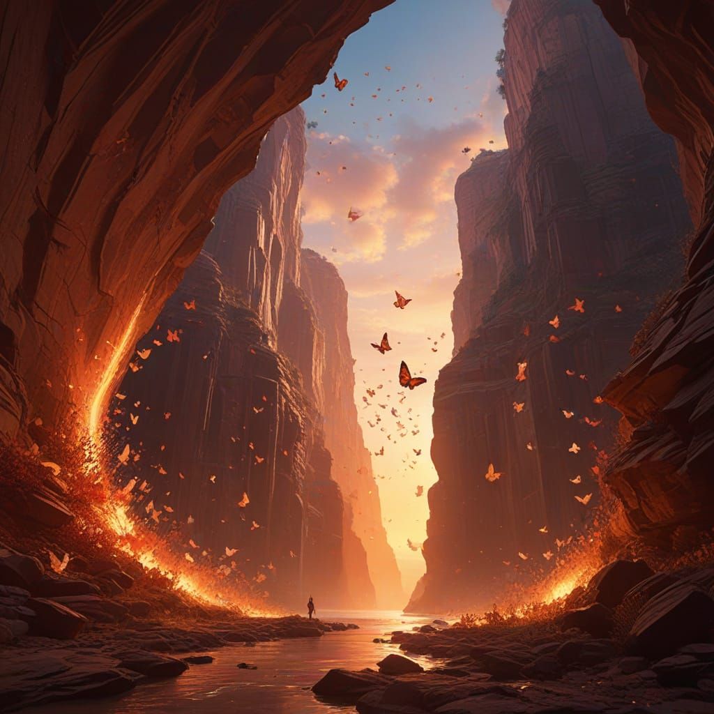 Radiant Butterflies Swirl Over Crimson Sunset Canyon