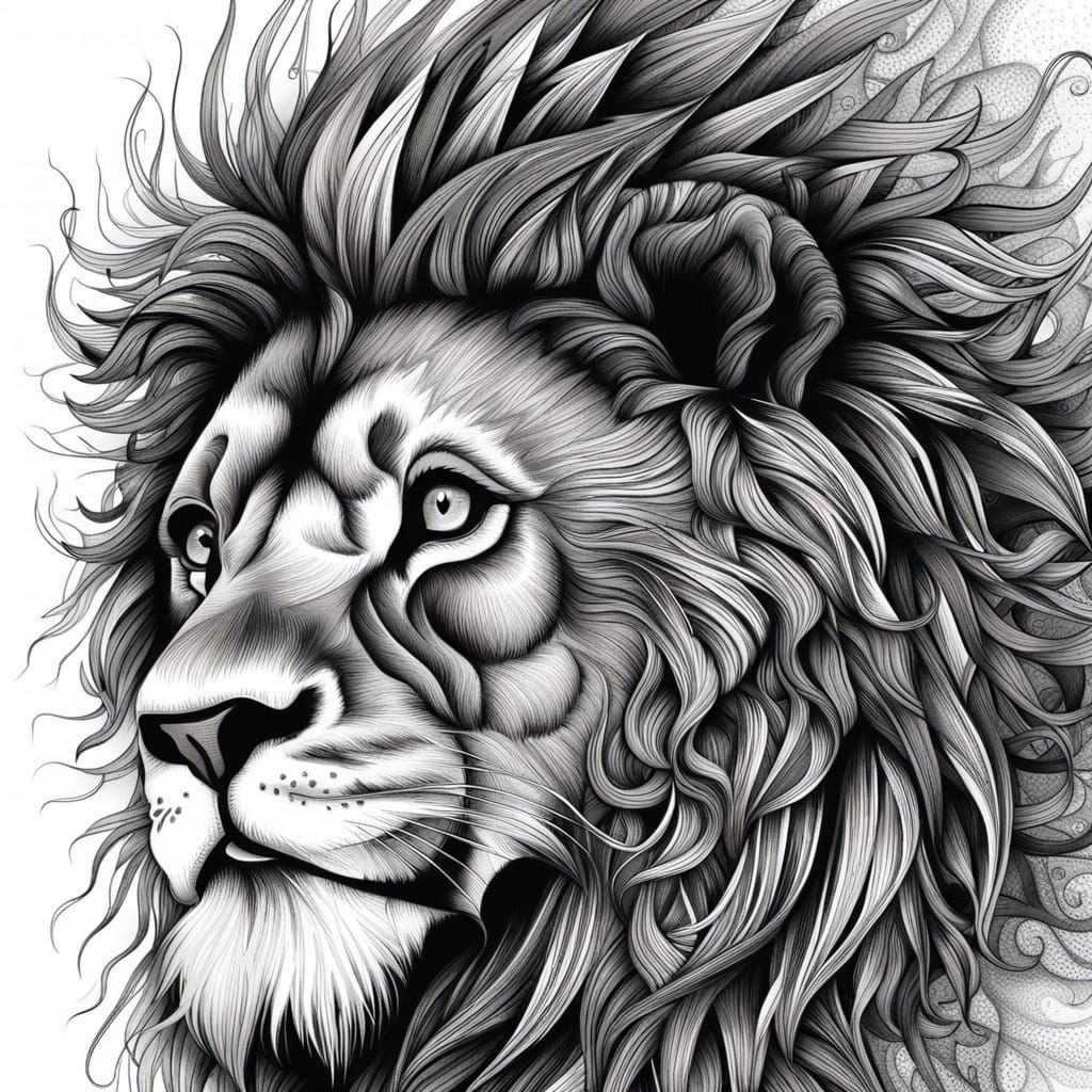 Detailed Black and White Lion with Fire Mane