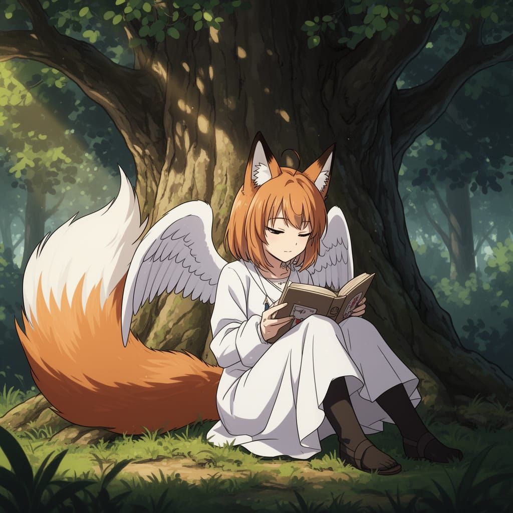 Anime Angel with Fox Ears Reading Under Tree