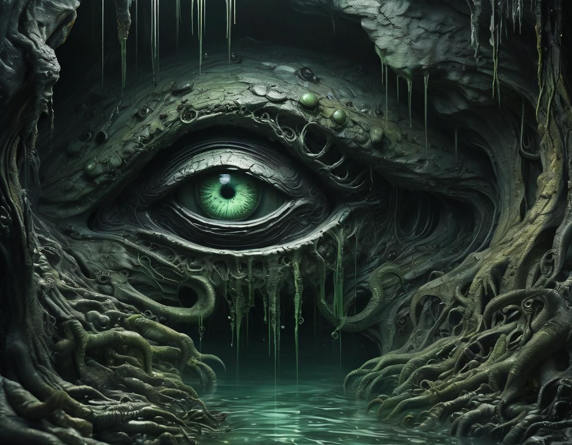 Cybernetic Eye in Misty Cave, Dark Surrealism