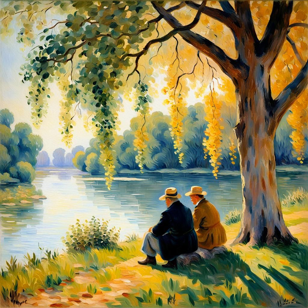 Serene River Scene as Impressionist Painting