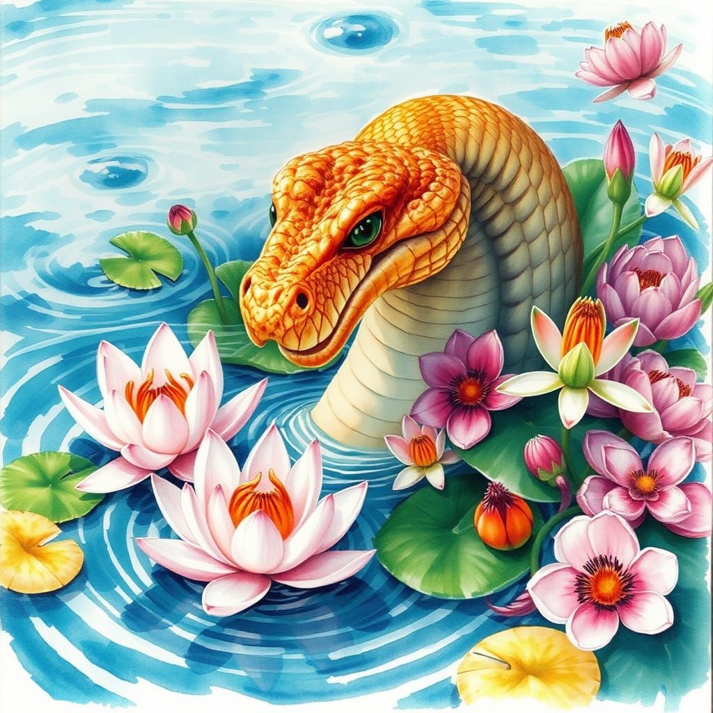Serpent in Water Lilies: Botanical Watercolor