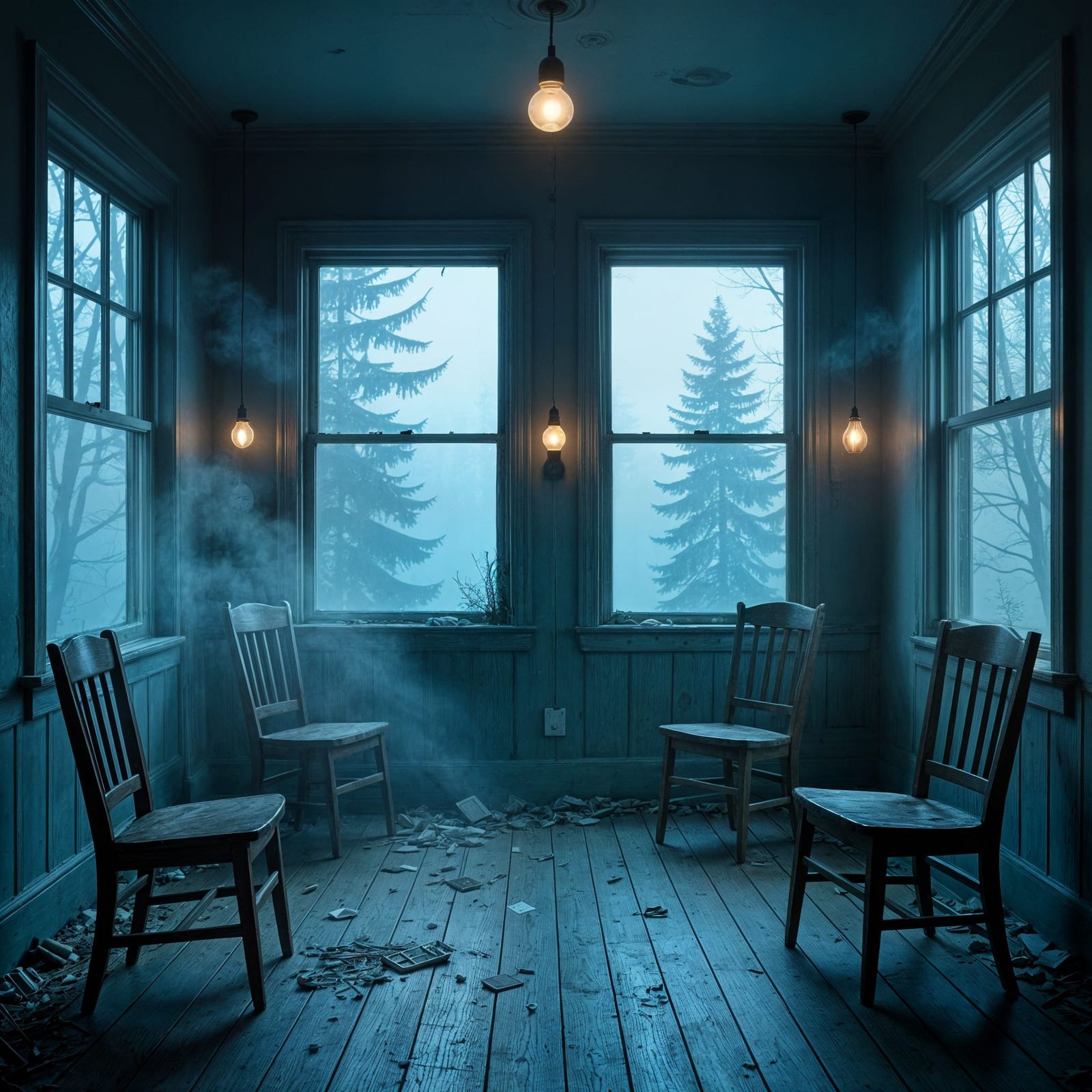 Eerie Liminal Space with Twisted Room and Fake Windows