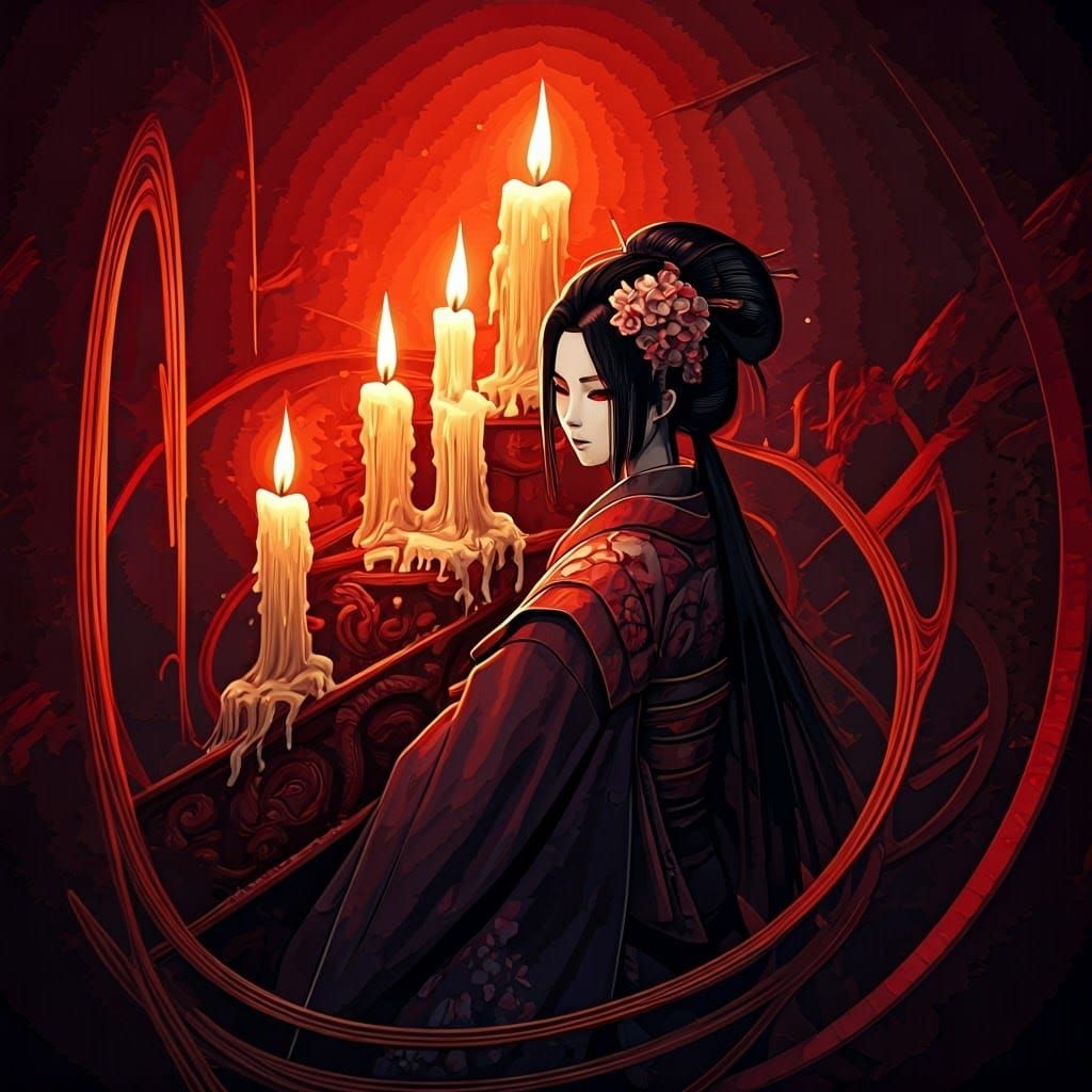 Elegant Geisha Illuminated by Red Candlelight