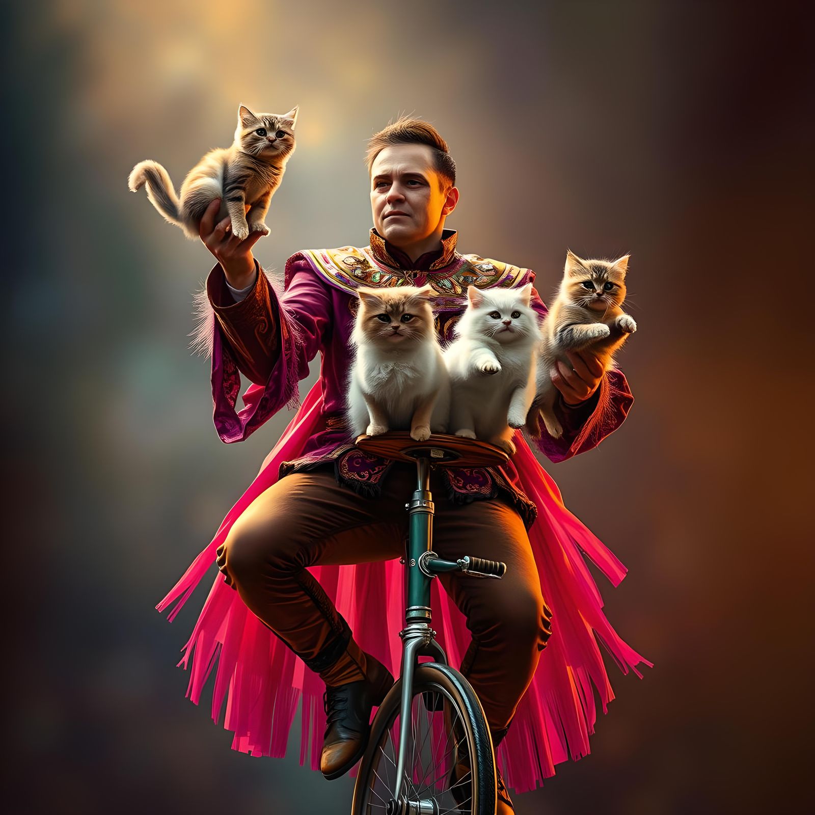 Unicyclist Juggling Cats in Hyperrealistic Splash Art