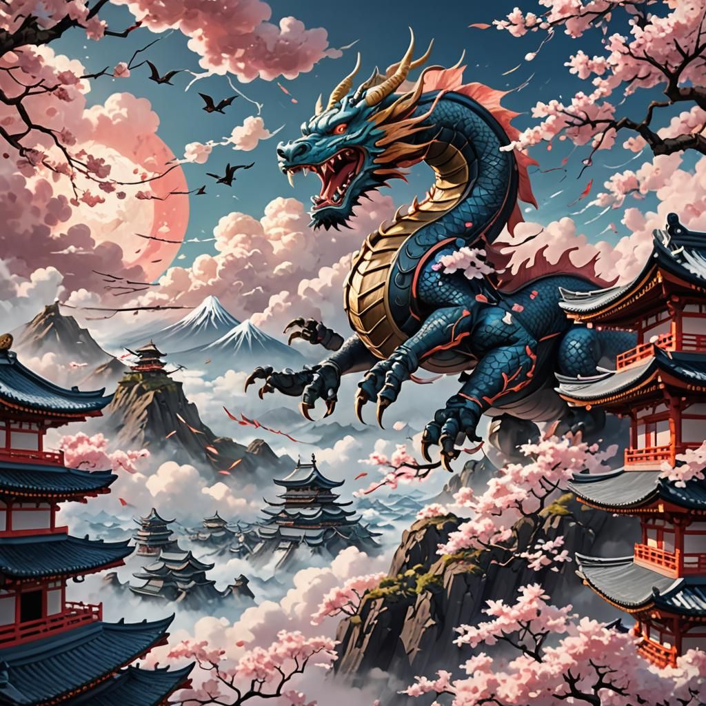 Samurai Battles Sakura Dragon in Ukiyo-e Style