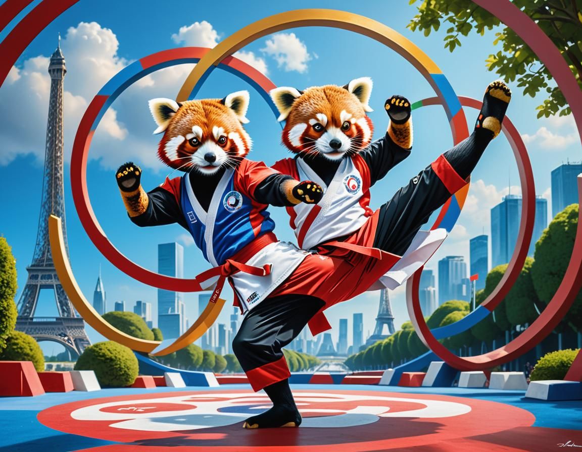 Taekwondo Red Panda Kicking at Paris 2024 Olympics