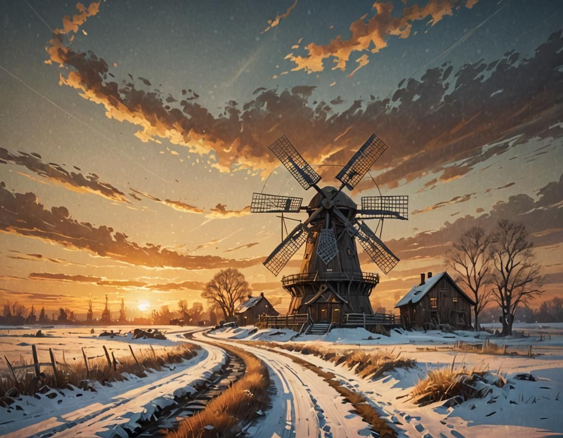 Giant Windmill in Winter Sunset, Digital Painting
