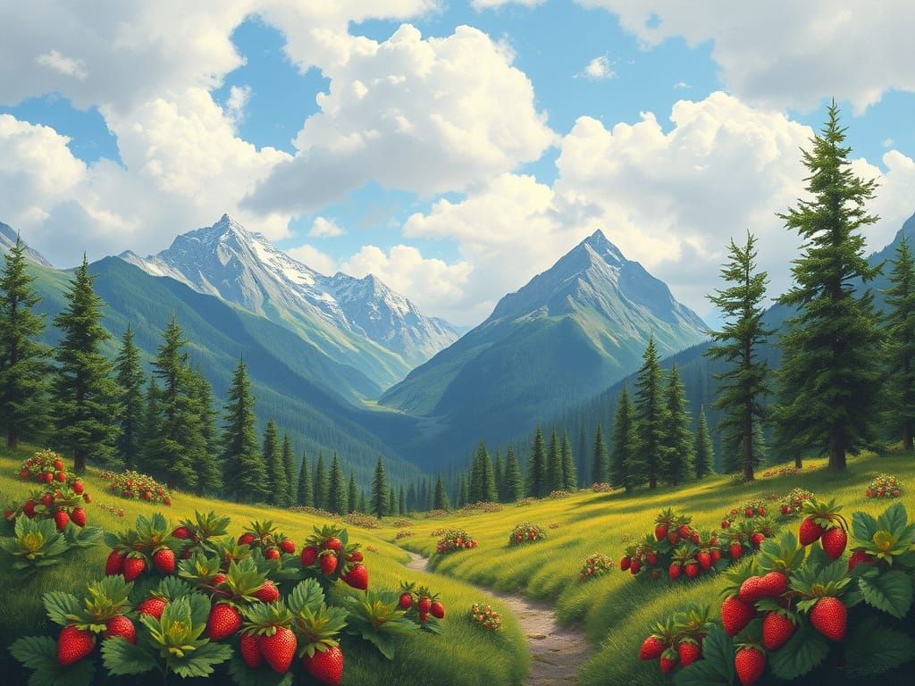 Alpine Valley Painting with Strawberries and Mountains