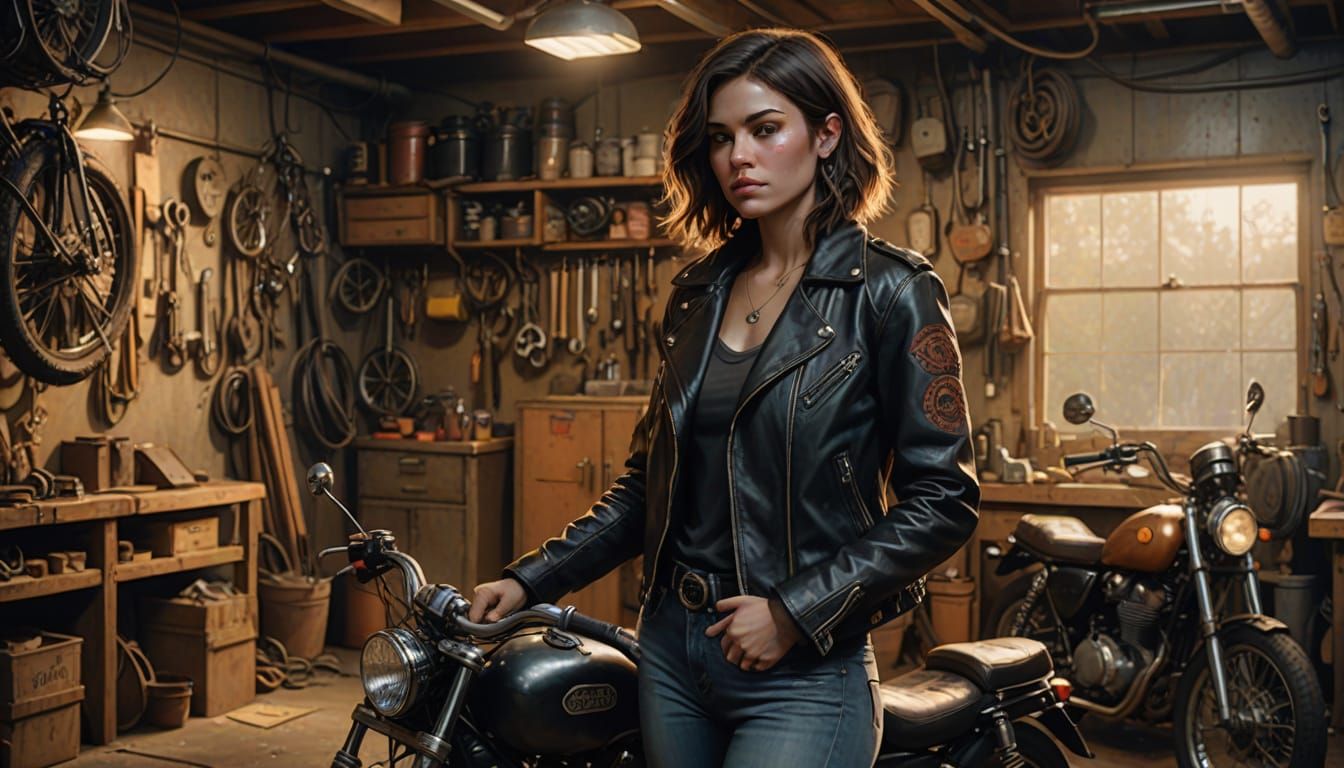 Woman Leaning on Bike in Garage: Digital Painting