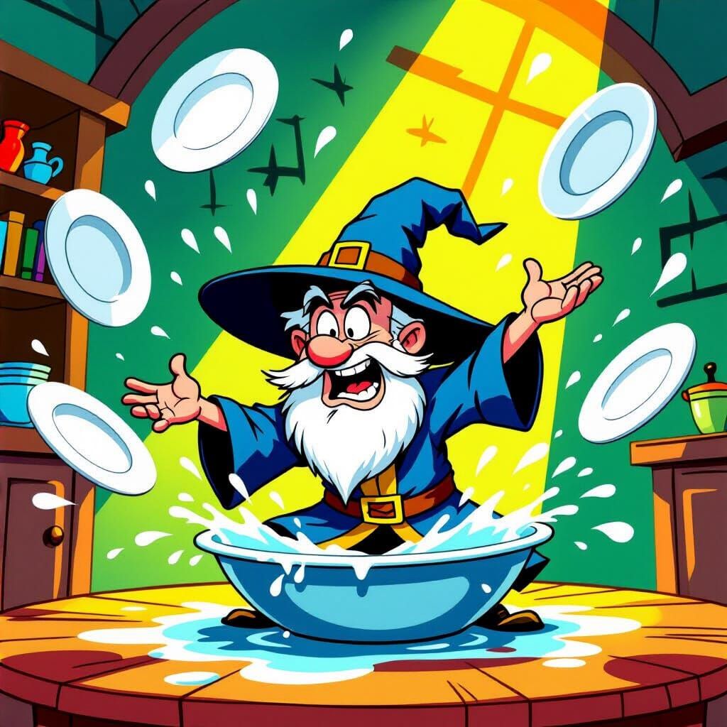 Clumsy Wizard's Chaotic Kitchen Nightmare in Cartoon Style