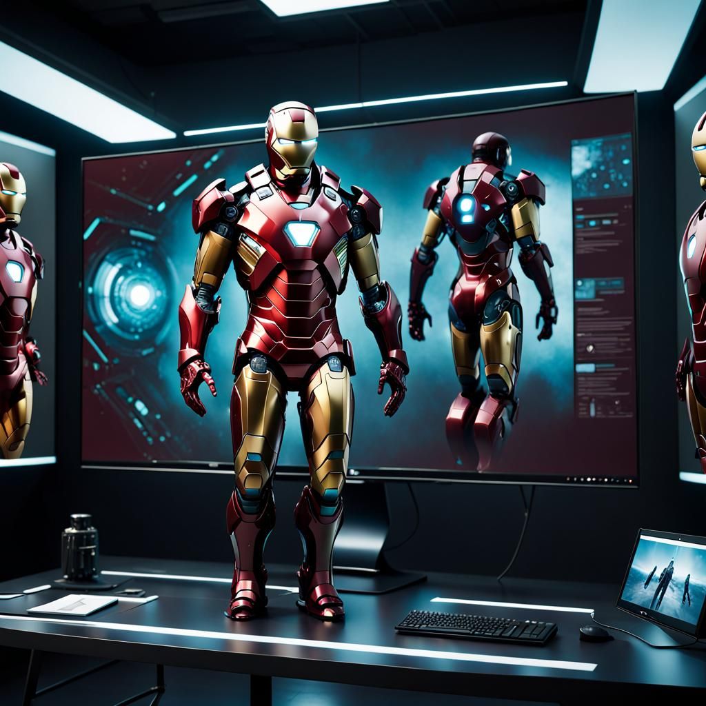 Ironman suit design displayed upon an 80 inch monitor in a f...