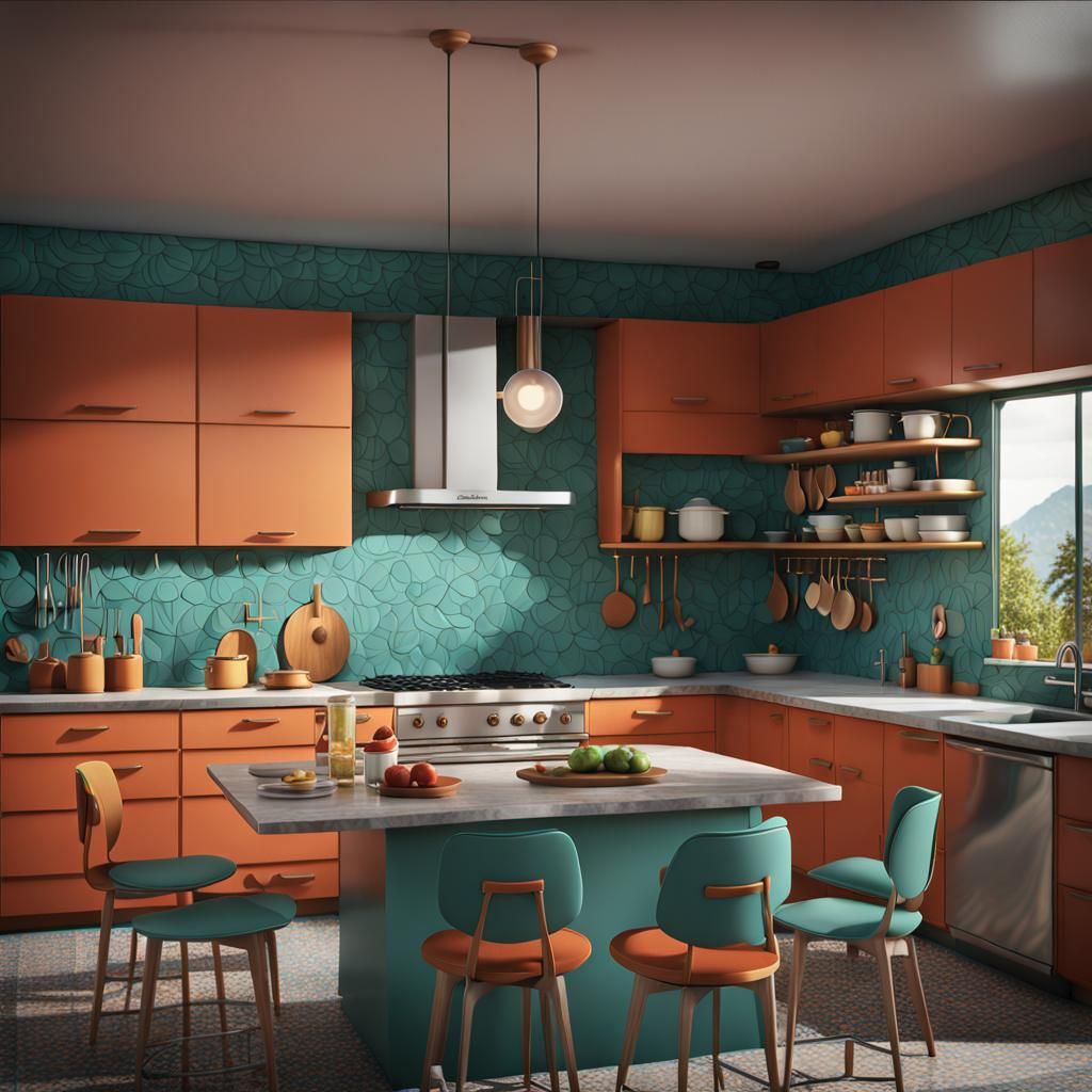 3D rendering of a mid century modern kitchen