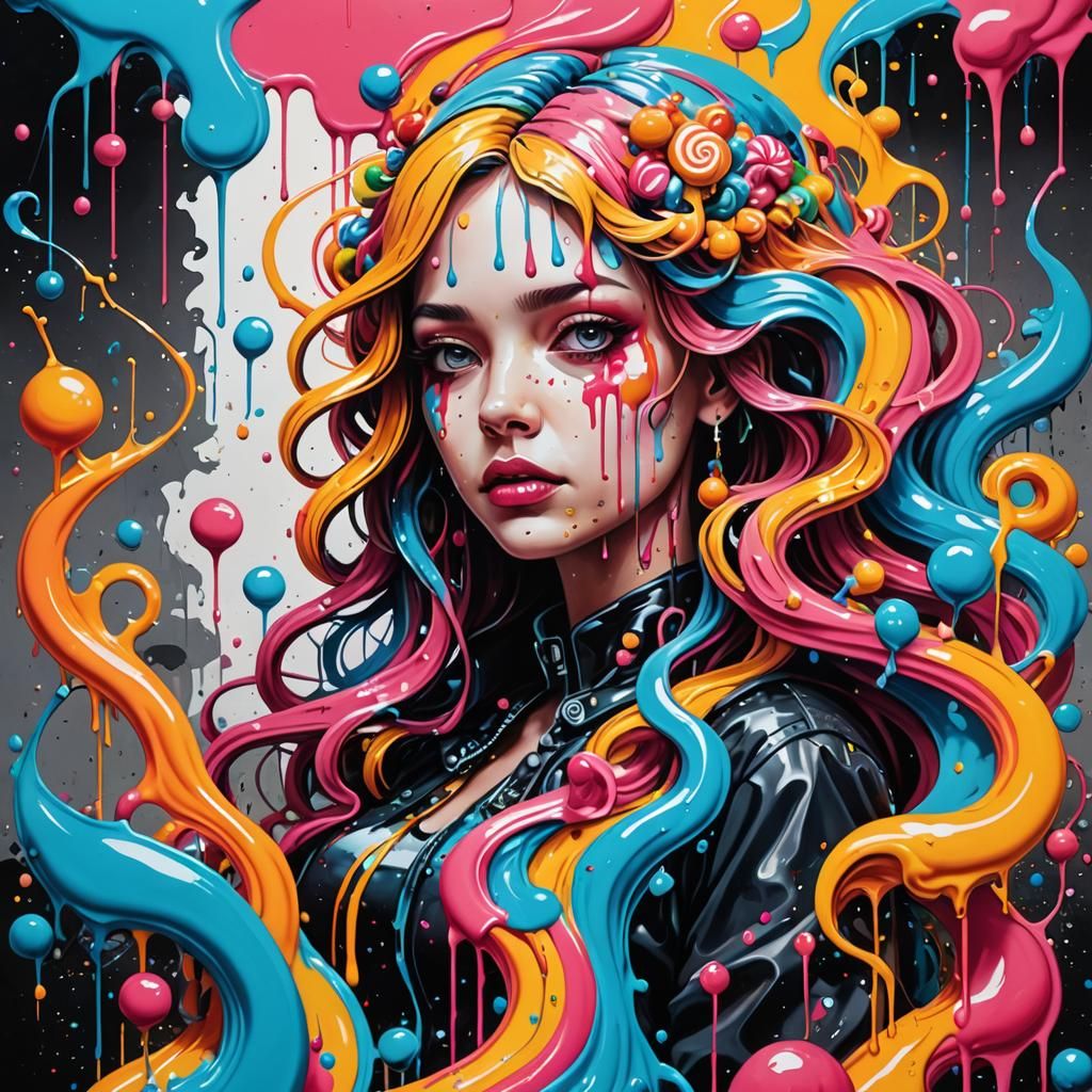 Surreal Dripping Woman in Vibrant Graffiti Art Style