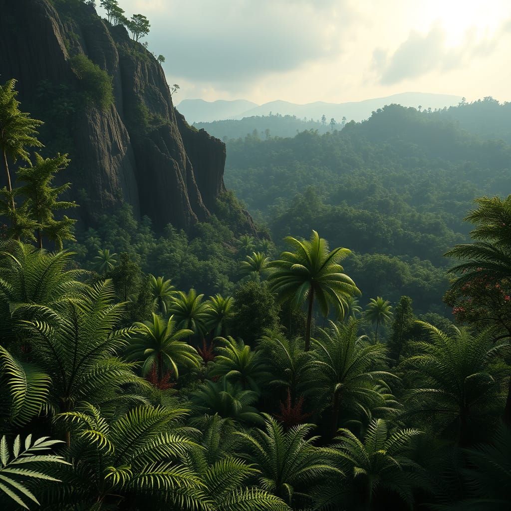 Prehistoric Forest Scene with Approaching Dinosaurs