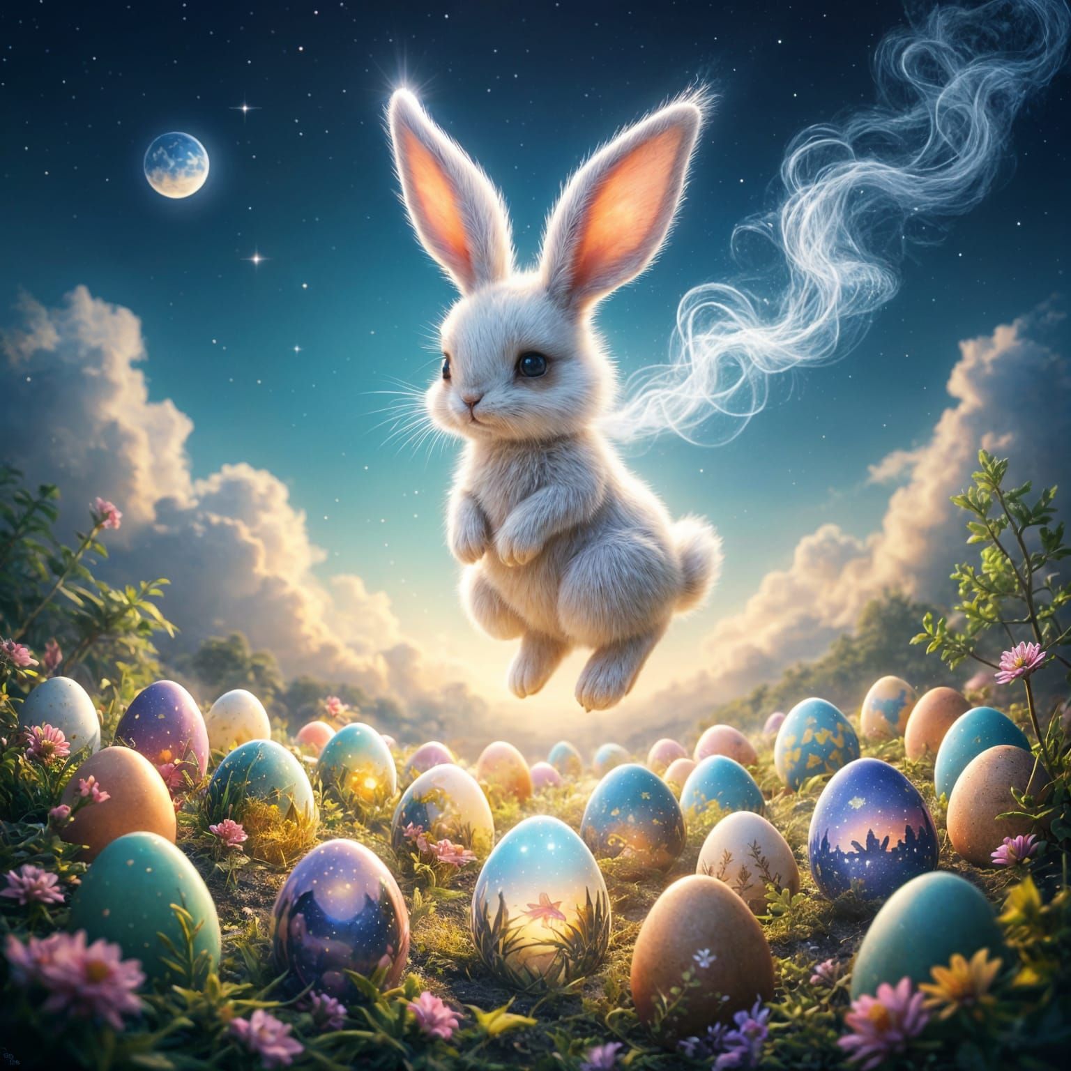 Ethereal Easter Bunny Amidst Celestial Garden Blooms