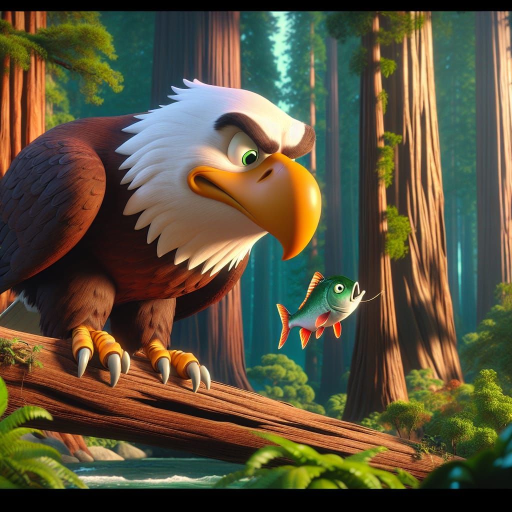 A Disney Pixar style 3D scene featuring a handsome regal eag...