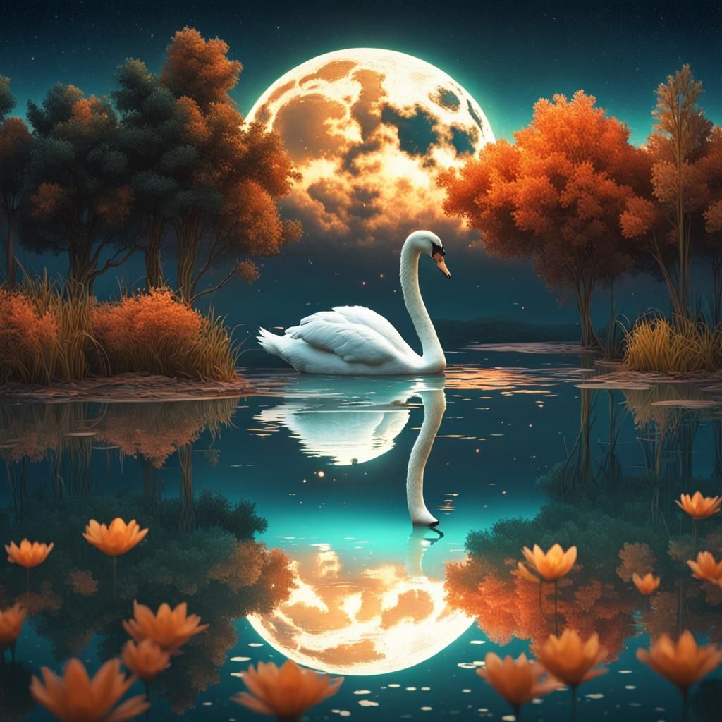 Moonlit Swans on Calm Lake, Hyperdetailed Concept Art