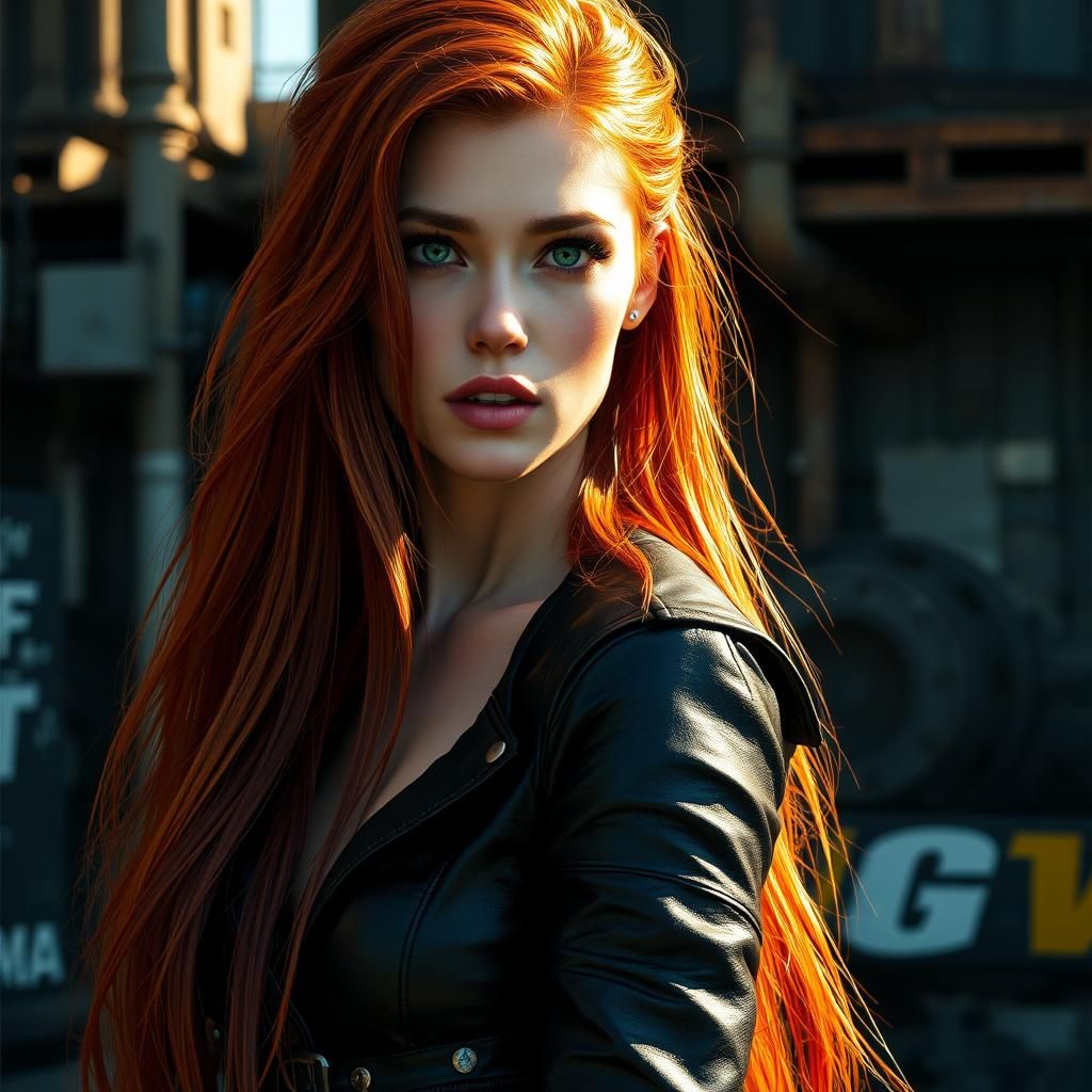 Red-Haired Woman in Industrial Landscape, Digital Matte Pain...