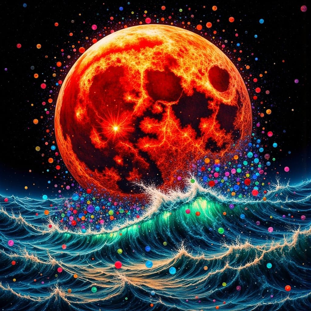 Vibrant Blood Moon Eclipse with Sequined Surface