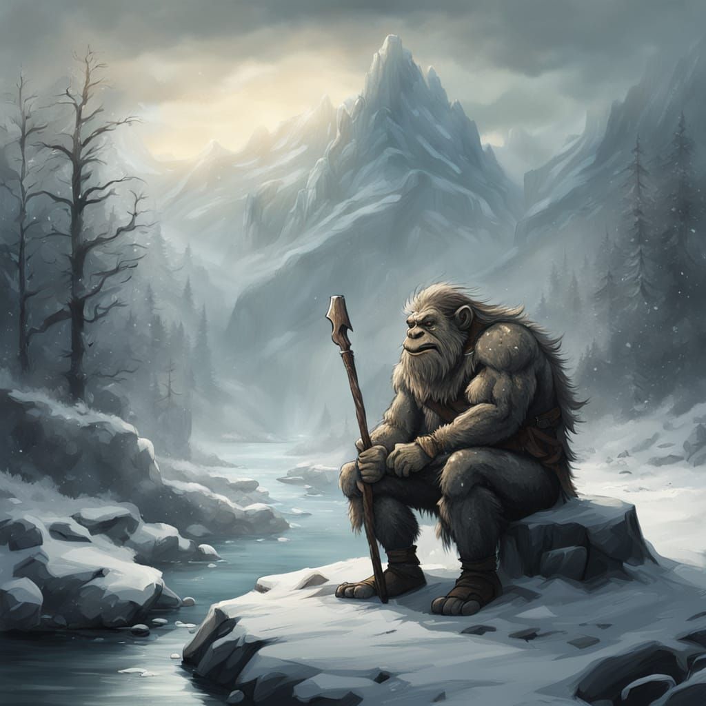 Nordic Troll by Frozen River in Moody Oil Painting Style