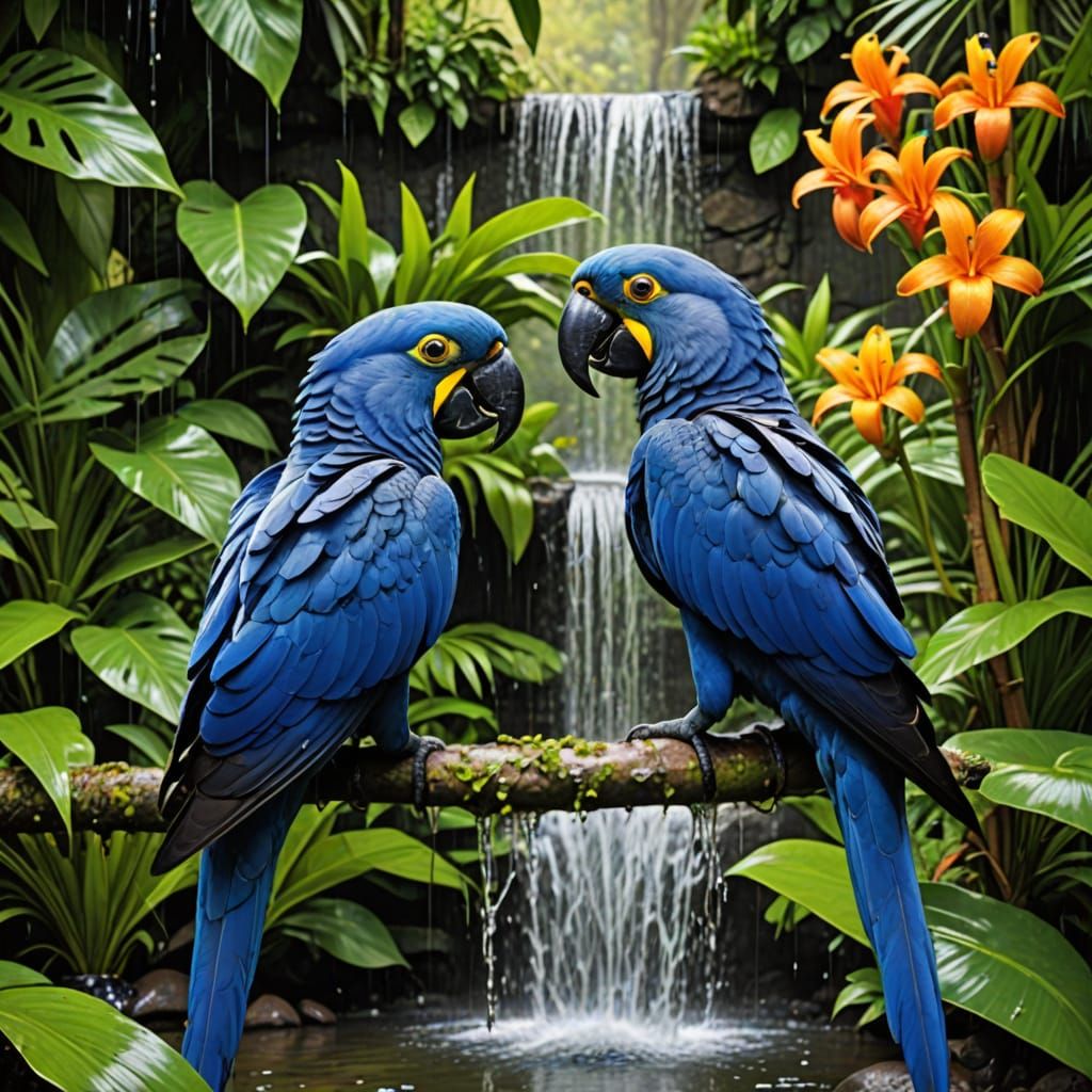 Vibrant Hyacinth Macaw Pair Soaks Up Jungle Oasis