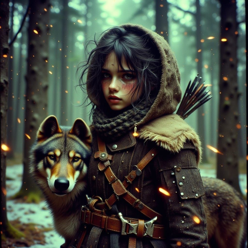 Young Hunter Girl and Wolf in Abstract Forest