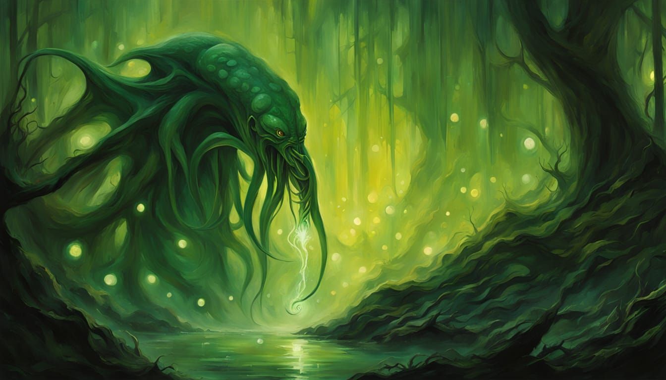 Abstract Realism Painting of Female Figures with Cthulhu