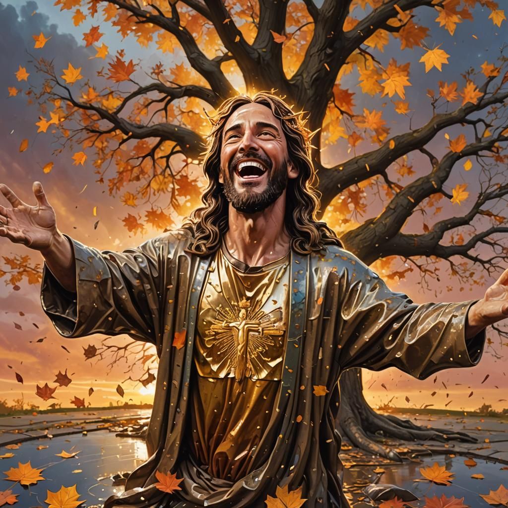 Laughing Jesus in Autumn Sunset: Hyperrealistic Splash Art
