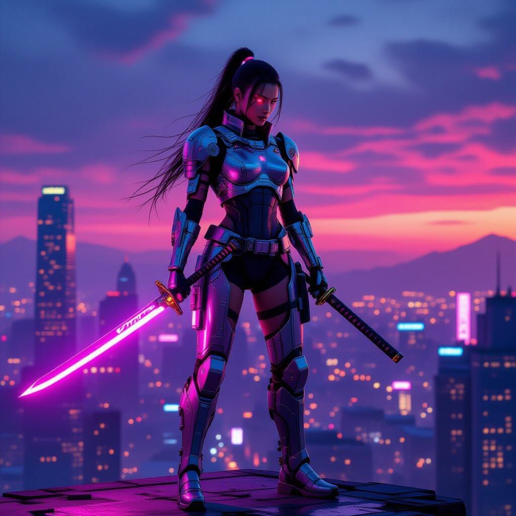 Cybernetic Warrior on Neon City Rooftop at Dusk