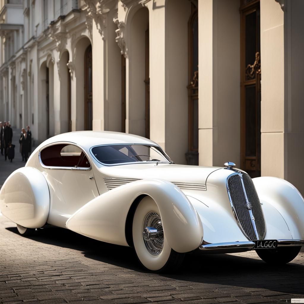 Aerodynamic White Car in Talbot Lago Style