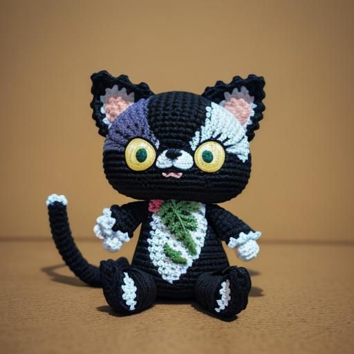 Crocheted Felix the Cat with Floral Background