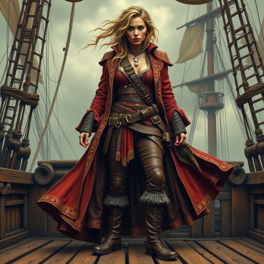 Confident Pirate Queen on Deck in Futuristic Style