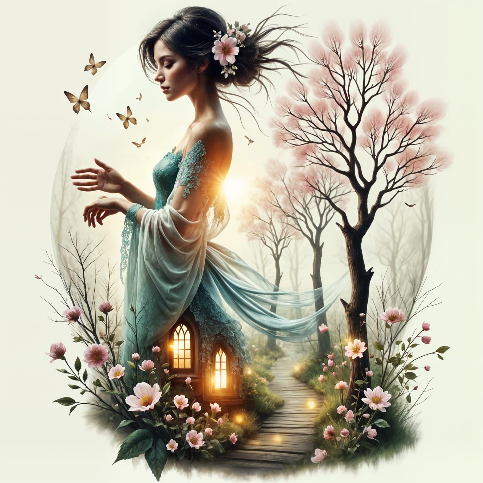 Whimsical Fairy in Springtime Landscape with Double Exposure...