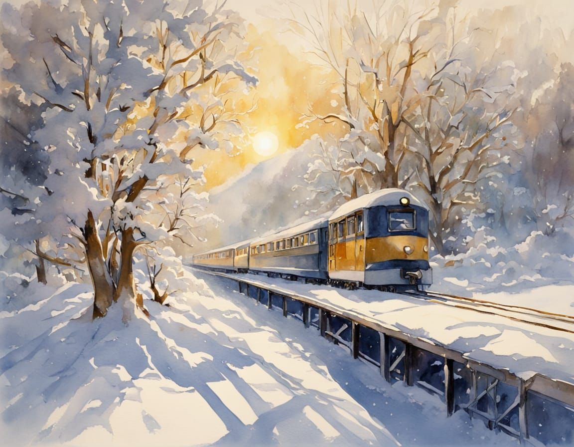 Golden Orient Express Train in Sunny Winter Snowscape