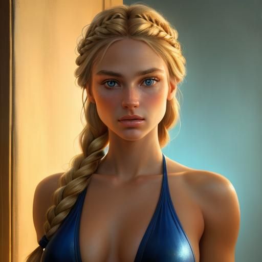 Young woman, blonde hair, French braids, high cut swimsuit, ...