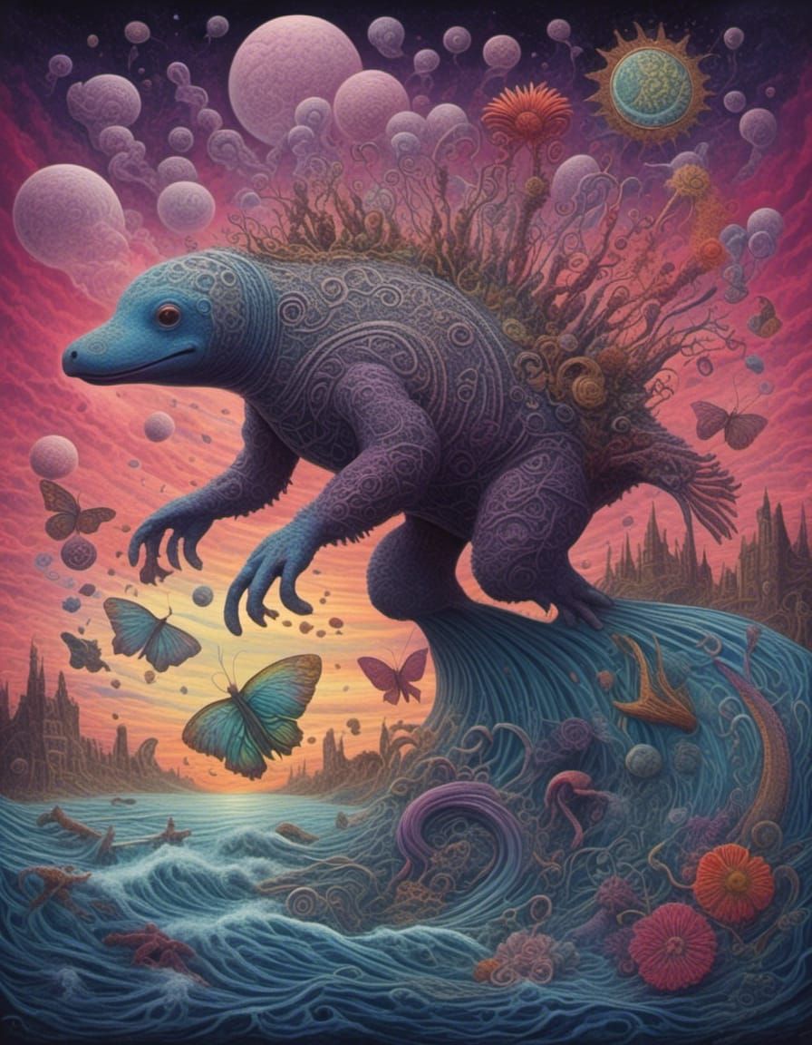 Platypus and Feral Rainbow in Junji Ito Style