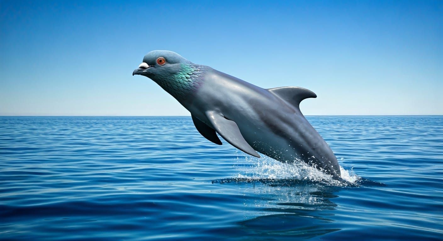 Whimsical Pigeon-Dolphin Hybrid Leaps from Ocean