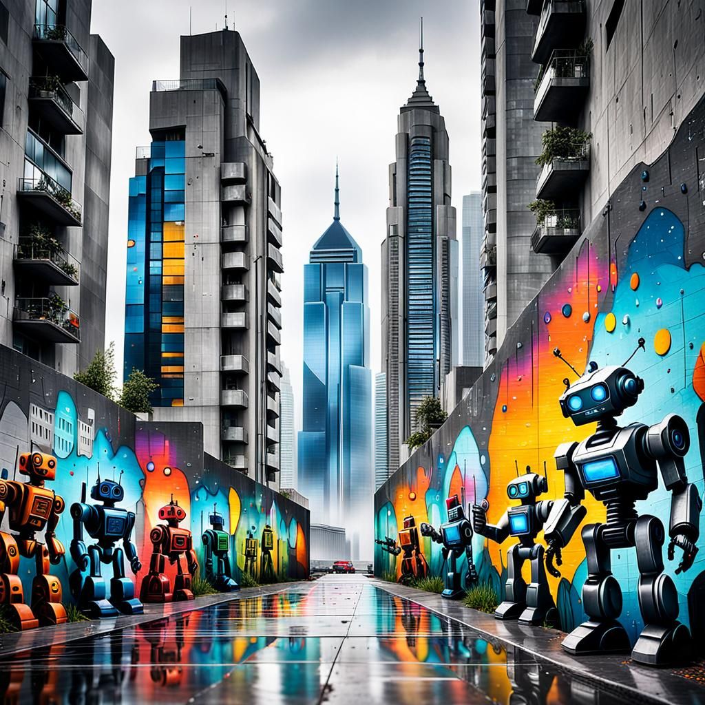 Vibrant Street Art Mural of Futuristic Cityscape